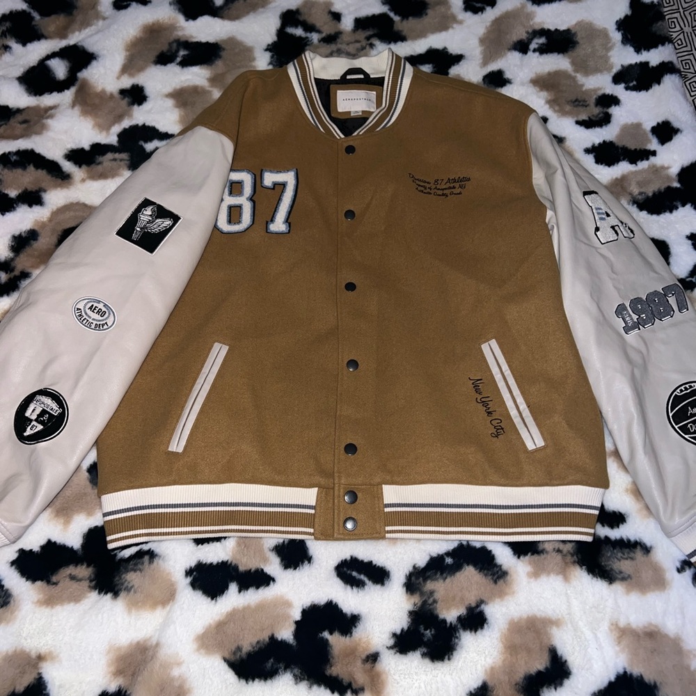 Aeropostale Brown and Cream Varsity Jacket